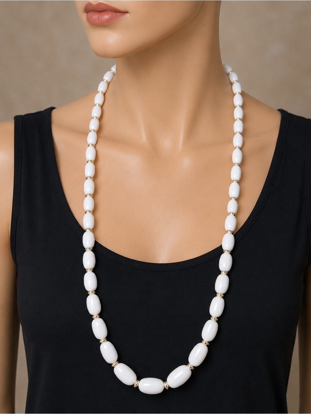 Vintage 30” Long White Glass Bead Necklace Graduated Oval Beads Gold Tone